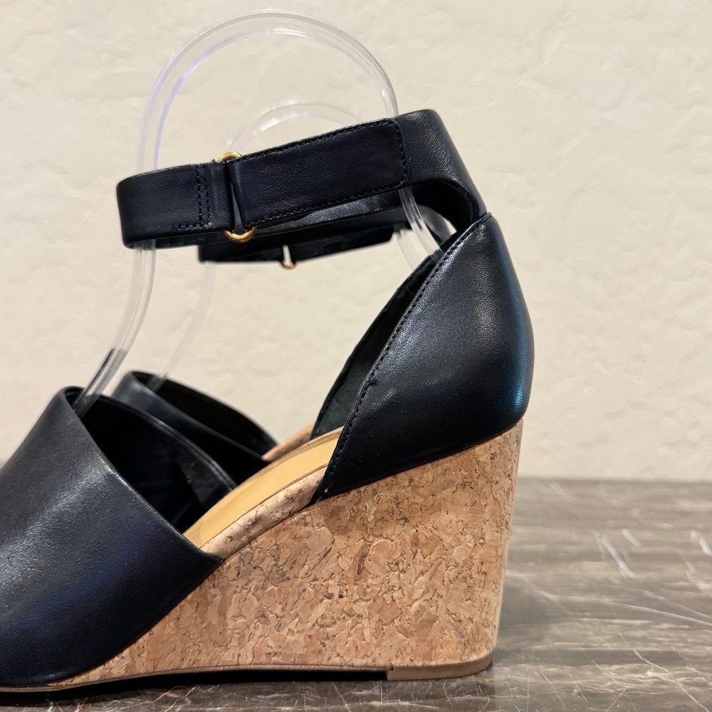 Vince Kensey Black Leather Cork Wedge Sandals - Picture 2 of 11